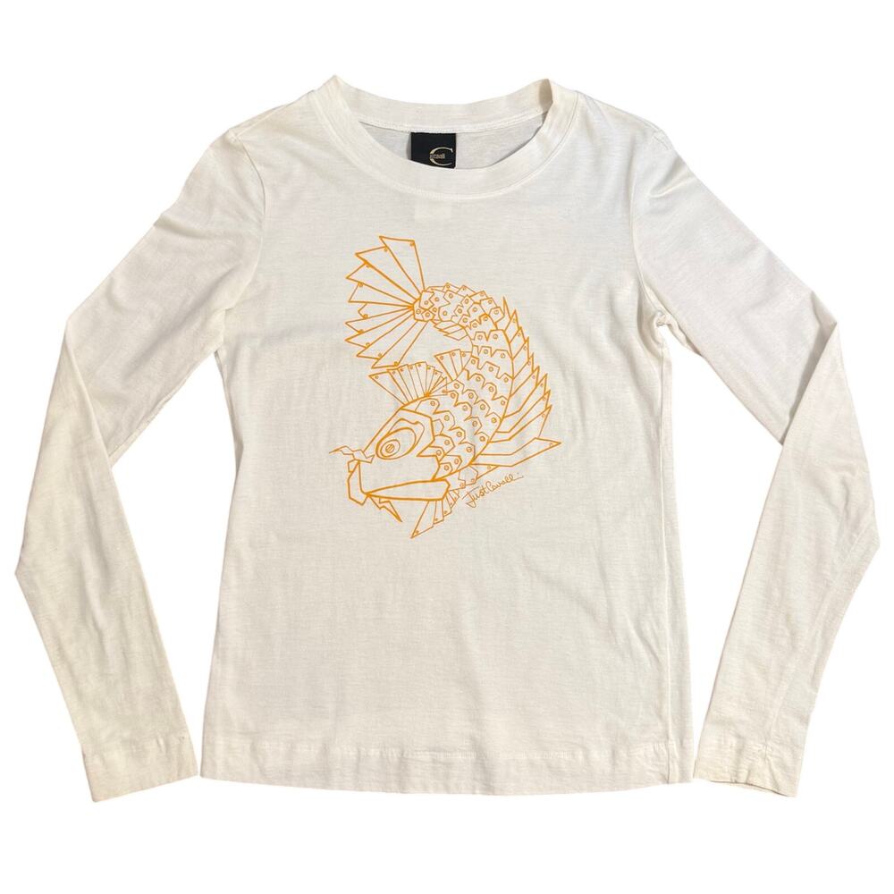 VTG Just Cavalli Koi Shirt Y2K Long Sleeve 100% Cotton White Women’s Size 42